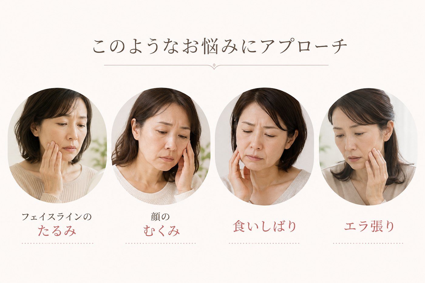 このようなお悩みにアプローチ:フェイスラインのたるみ・顔のむくみ・食いしばり・エラ張り